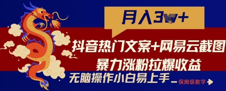 抖音热门文案+网易云截图暴力涨粉拉爆收益玩法,小白无脑操作,简单易上手【揭秘】-云创网